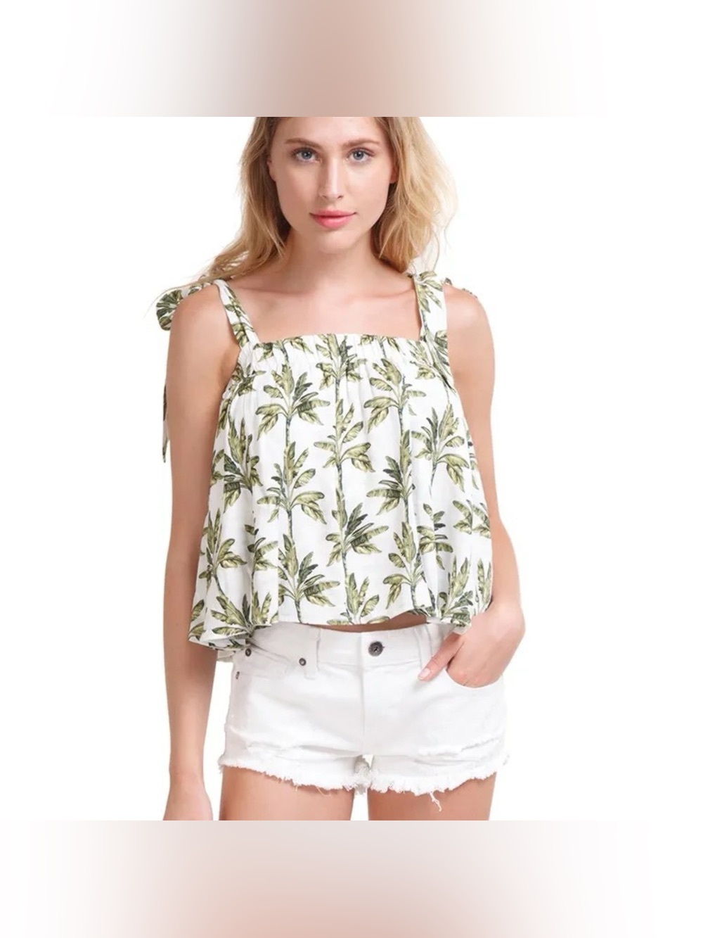 Show Me Your MuMu White Tank Top with Green Palm Print and Tie Straps Small